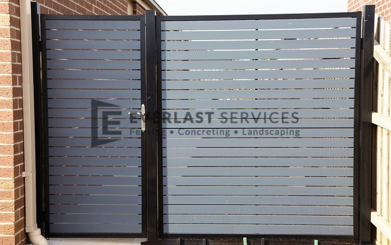 SS39 - Black Post + Frame with Woodland Grey Aluminium Slats Single Gate with Panel - Laverton