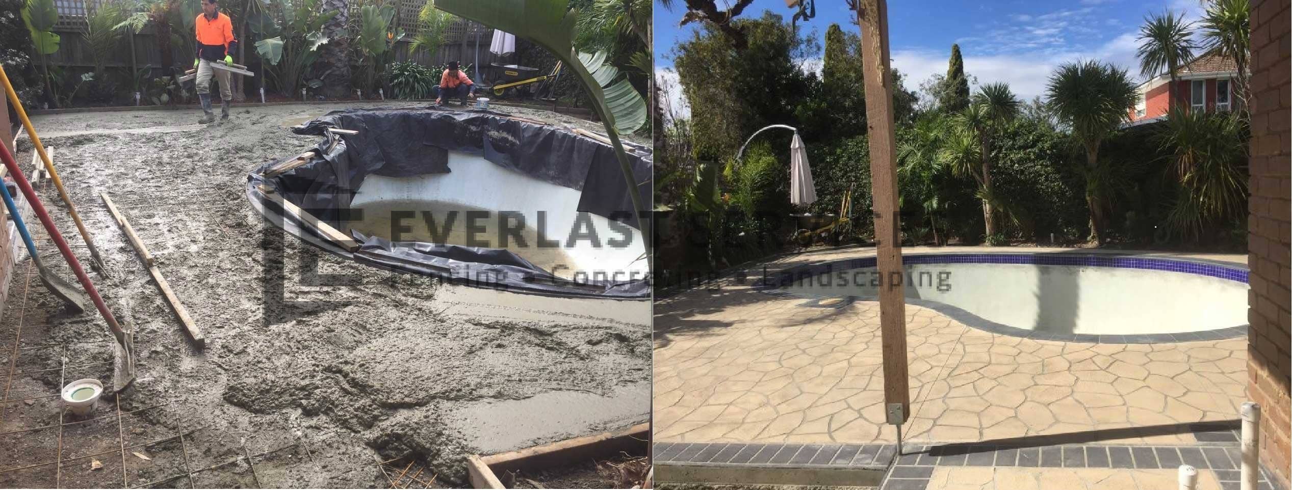 STE6 - Bushrock Stencil Concrete around Pool Before and After